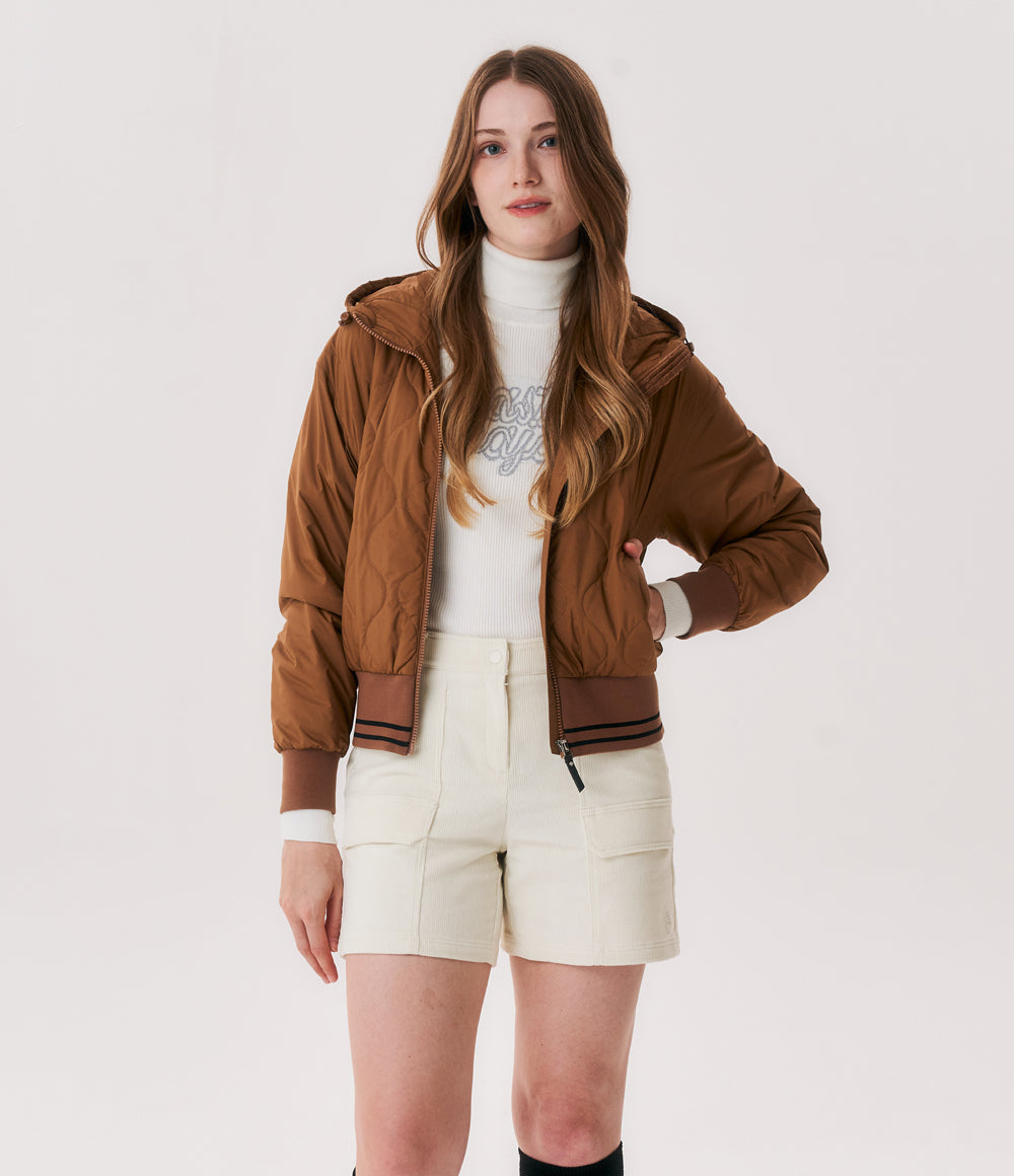 Women's Quilted Hooded Padded Jumper - Brown