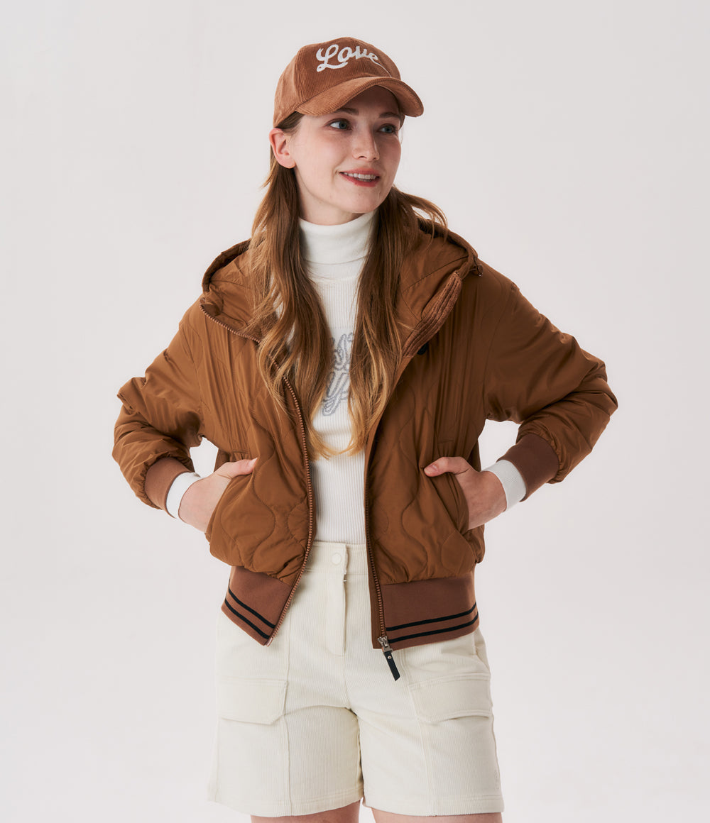 Women's Quilted Hooded Padded Jumper - Brown