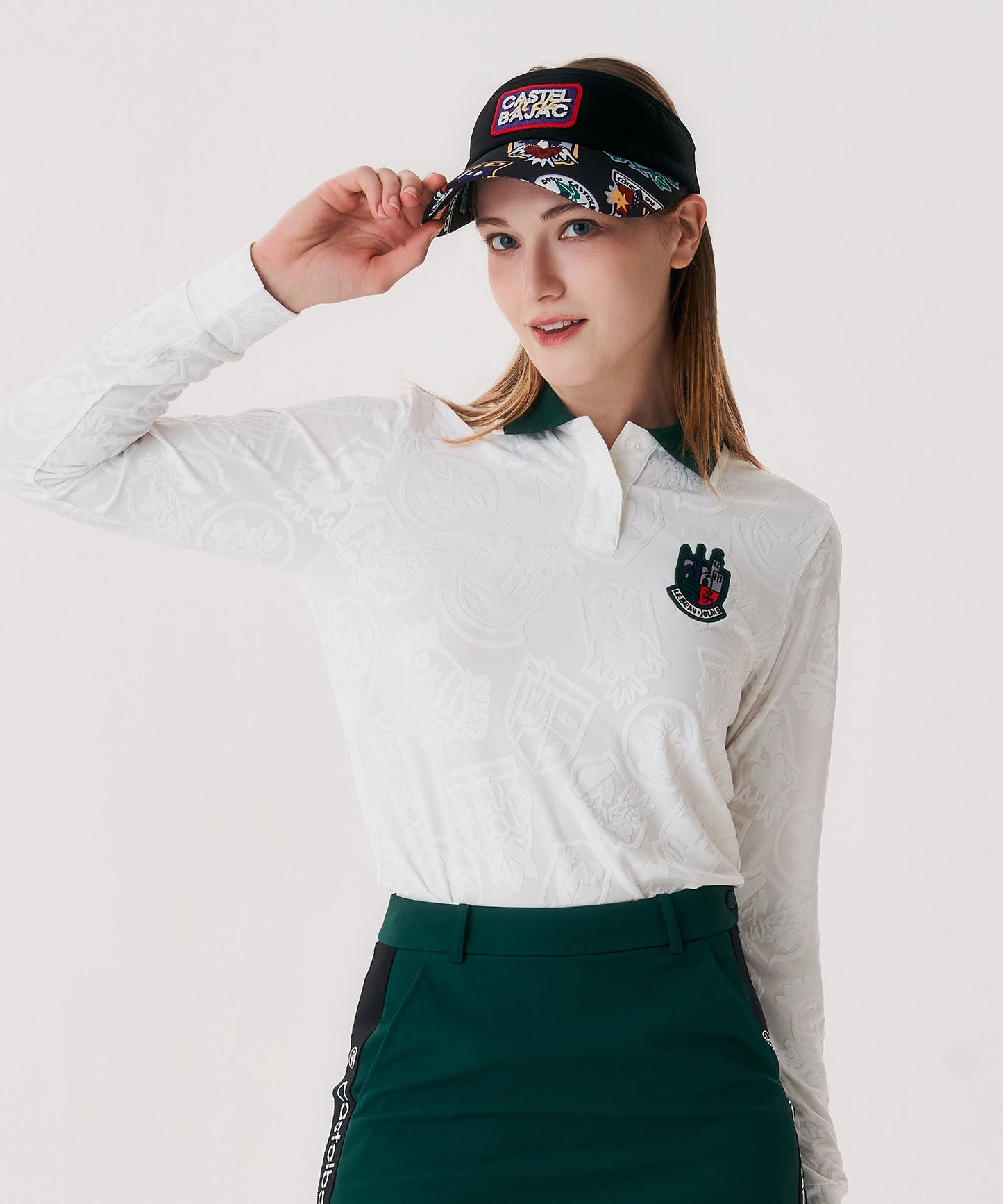 Women's Full-Length Pattern Color Block Collar T-Shirt - White