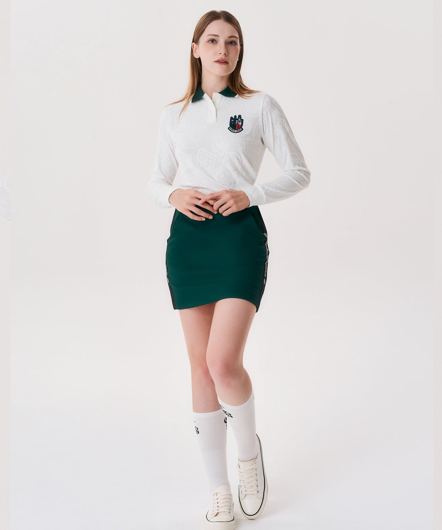 Women's Full-Length Pattern Color Block Collar T-Shirt - White