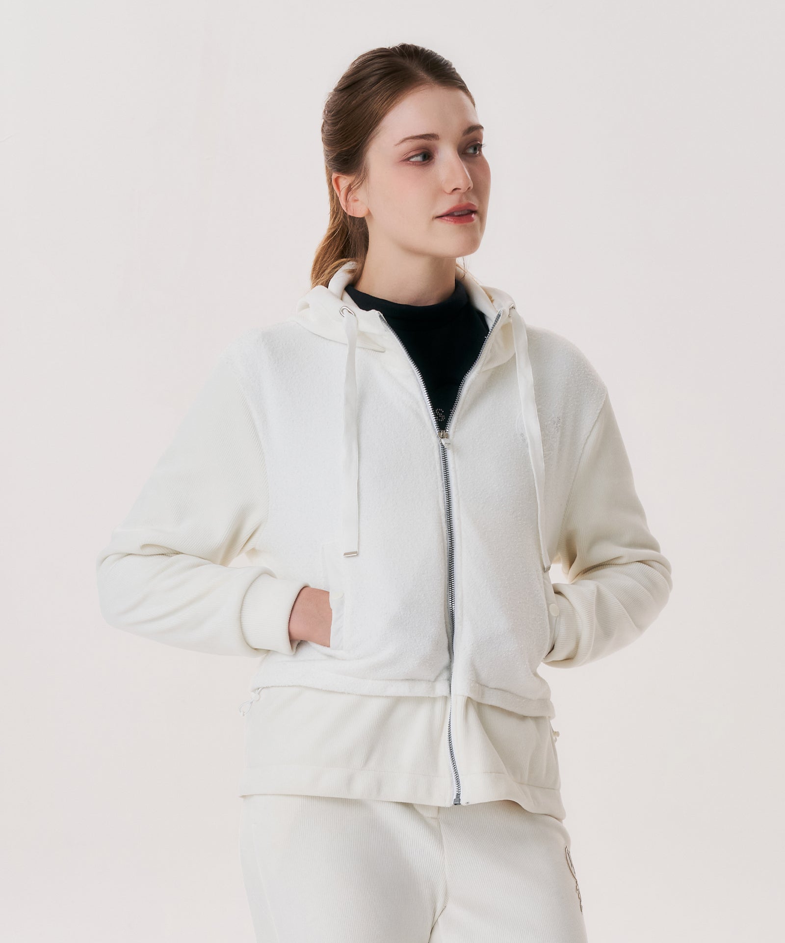 Women's Black Line Embroidery Point Mix Hooded Zip-Up - White
